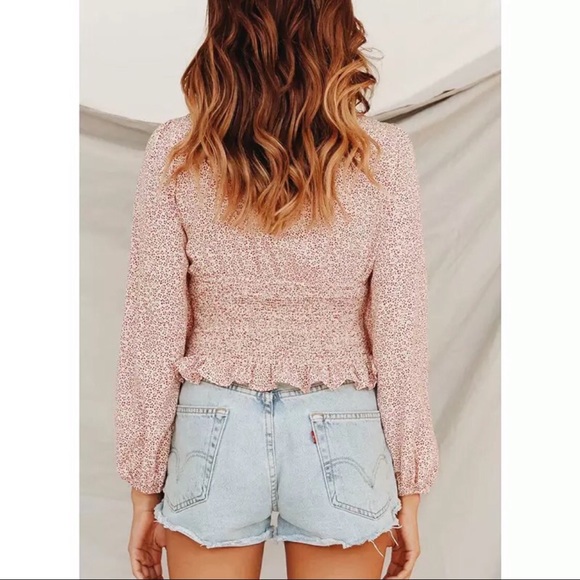 Boho Cream Red Square Necked Smocked Waist Top - Picture 2 of 8